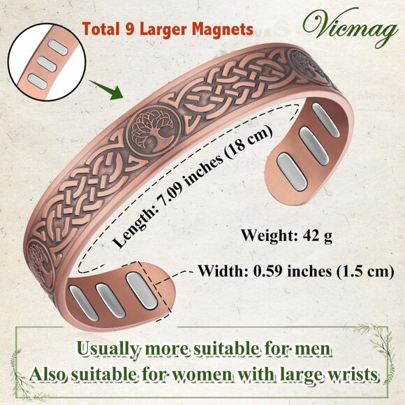 Lightweight Tree of Life Copper Bracelet for Men - 5000 Gauss Magnetic Power - Picture 6 of 9